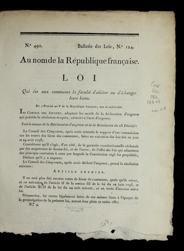 Loi qui o te aux communes la faculte  d'alie ner ou d'e changer leurs biens by France cover
