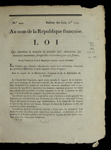 Loi qui de termine la manie  re de proce der aux re parations des domaines nationaux, lorsqu'elles n'exce  dent pas 150 francs by France cover