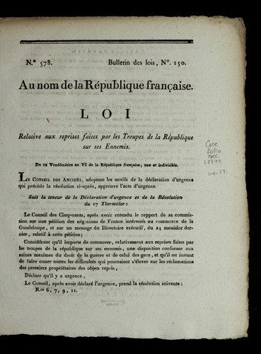 Loi relative aux reprises faites par les troupes de la Re publique sur ses ennemis by France cover