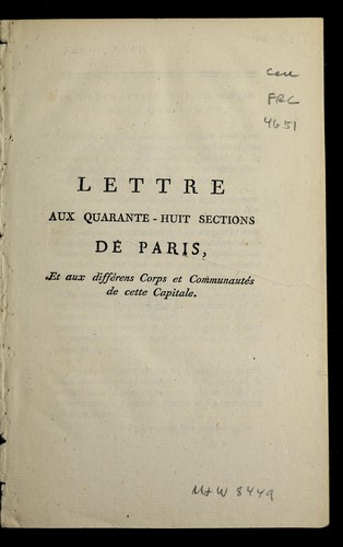 Lettre aux quarante-huit sections de Paris by Paris (France) cover