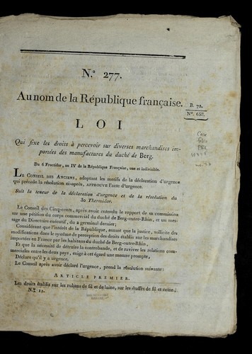 Loi qui fixe les droits a   percevoir sur diverses marchandises importe es des manufactures du duche  de Berg by France cover