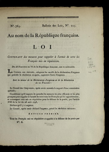 Loi contenant des mesures pour rappeler a   l'arme e de terre les Franc ʹais mis en re quisition by France cover