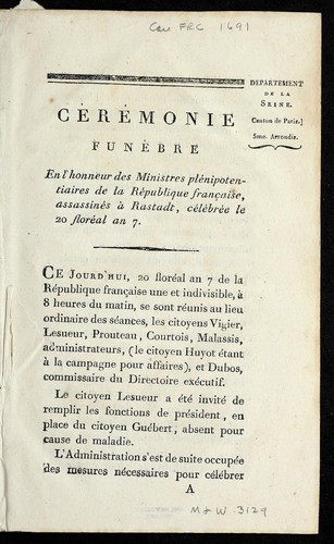 Ce re monie fune  bre en l'honneur des ministres ple nipotentiaires de la Re publique franc ʹaise assassine s a   Rastadt by Paris (France) cover