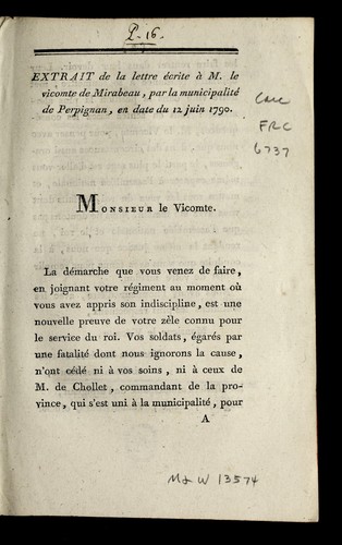Extrait de la lettre e crite a   M. le Vicomte de Mirabeau by Perpignan (France) cover