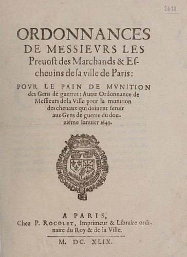 Ordonnances de messievrs les preuost des marchands & escheuins de la ville de Paris by Paris (France) cover