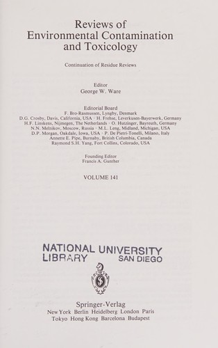 Reviews of Environmental Contamination and Toxicology / Volume 141 (Reviews of Environmental Contamination and Toxicology)