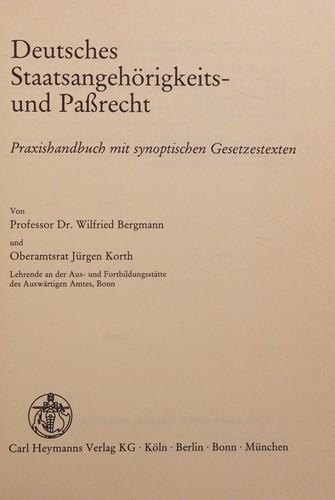 Deutsches Staatsangehörigkeits- und Passrecht by Wilfried Bergmann cover