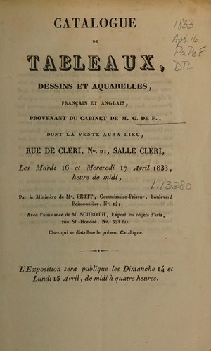 Catalogue de tableaux, dessins et aquarelles français et anglais, provenant du cabinet de M. G. de. F. by Petit commissaire-priseur cover