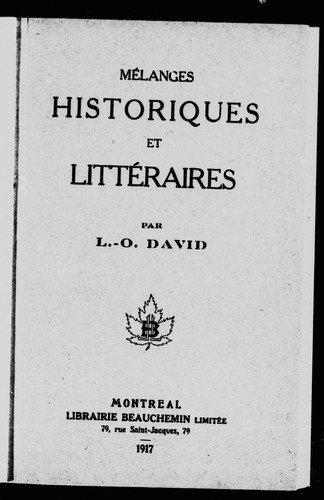 Mélanges historiques et littéraires by L.-O David cover