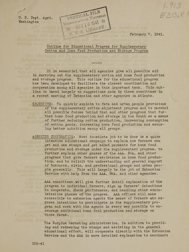 Outline for educational program for supplementary cotton and home food production and storage program