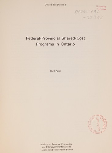 FEDERAL-PROVINCIAL SHARED-COST PROGRAMS IN ONTARIO