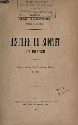 Histoire du sonnet en France by Max Jasinski cover