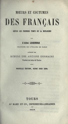 Moeurs et coutumes des Français depuis les premiers temps de la monarchie by  cover