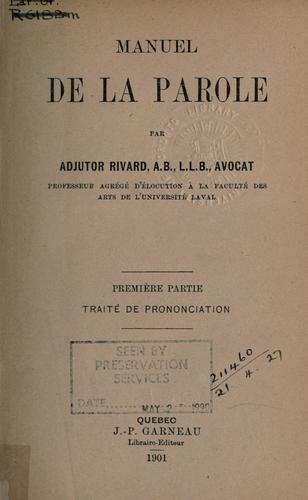 Manuel de la parole by Adjutor Rivard cover