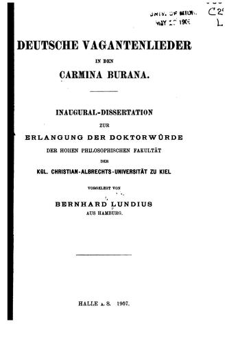 Deutsche Vagantenlieder in den Carmina Burana .. by Bernhard Emil Lundius cover