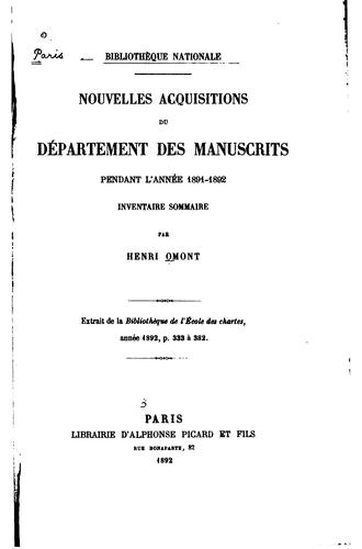 Nouvelles acquisitions du Département des manuscrits pendant les années 1891-1910 by Bibliothèque nationale (France). Département des manuscrits. cover