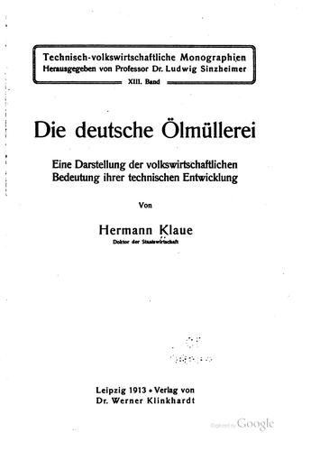 Die deutsche ölmüllerei by Hermann Klaue cover