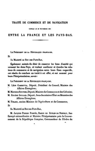 Traité de commerce conclu entre la France et les Pays-Bas le 26 novembre 1881 et tarifs annexes by France cover