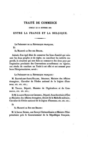 Traité de commerce conclu le 31 octobre 1881 entre la France et la Belgique et tarifs annexes by France cover