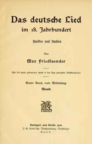 Das deutsche Lied im 18. Jahrhundert by Friedlaender, Max cover