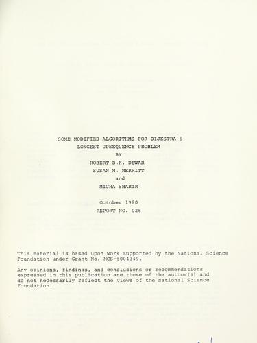 Some modified algorithms for Dijkstra's longest upsequence problem by Robert B. K. Dewar cover