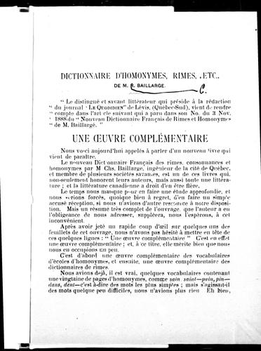 Dictionnaire d'homonymes, rimes, etc., de M. R. [i.e. C.] Baillairgé by  cover