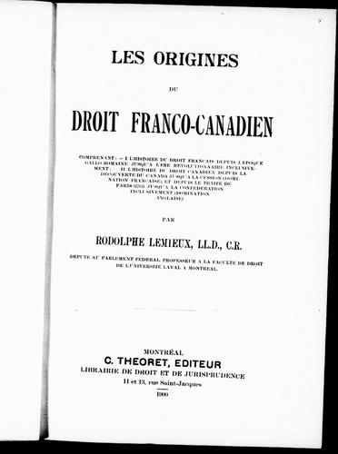 Les origines du droit franco-canadien by Rodolphe Lemieux cover