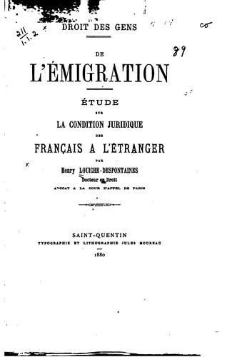 De l'émigration by Henry Louiche-Desfontaines cover