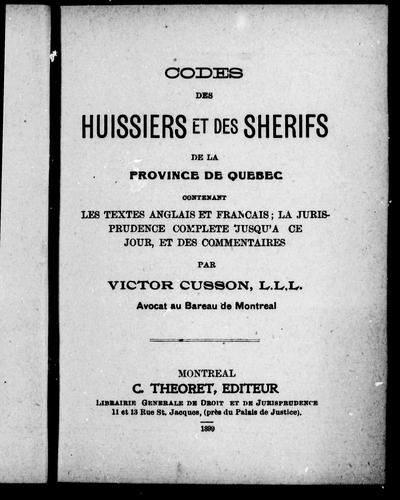Codes des huissiers et des shérifs de la province de Québec by Victor Cusson cover