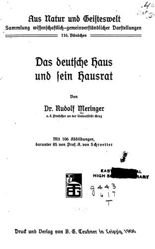Das deutsche haus und sein hausrat by Rudolf Meringer cover