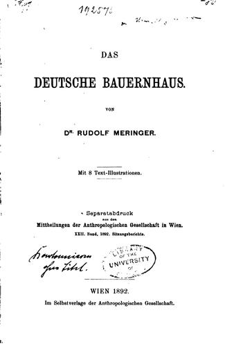 Das deutsche Bauernhaus by Rudolf Meringer cover