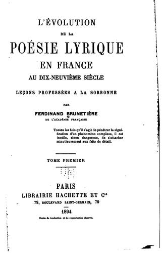 L' évolution de la poésie lyrique en France au dix-neuvième siècle