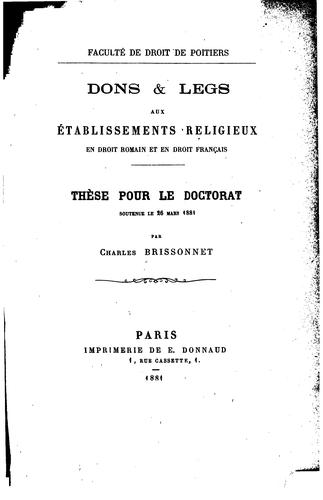 Dons & legs aux établissements religieus en droit romain et en droit français by Charles Brissonnet cover