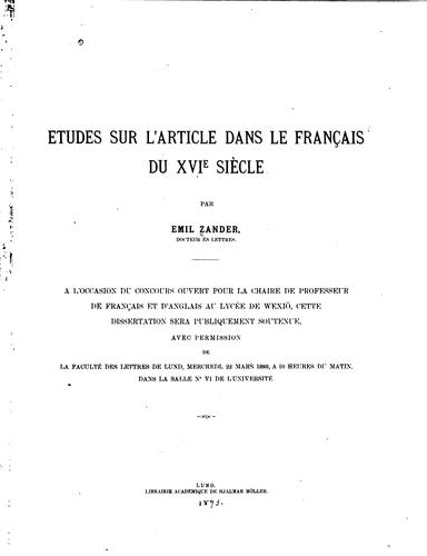 Études sur l'article dans le français du XVIe siècle