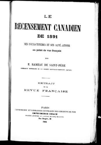 Le recensement canadien de 1891 by E. Rameau cover