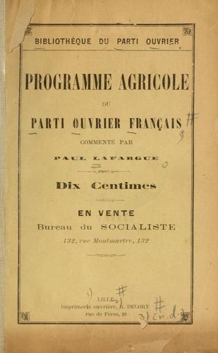 Programme agricole du Parti Ouvrier Français by Paul Lafargue cover