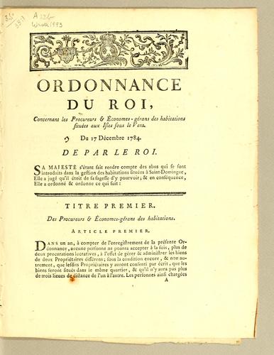 Ordonnance du roi, concernant les procureurs & économes-gérans des habitations situées aux Isles sous le Vent by France cover