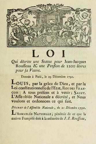 Loi qui décrète une statue pour Jean-Jacques Rousseau & une pension de 1200 livres pour sa veuve by France cover