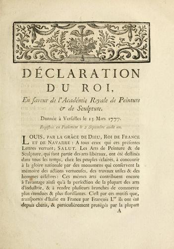 Déclaration du roi, en faveur de l'Académie royale de peinture & de sculpture by France cover