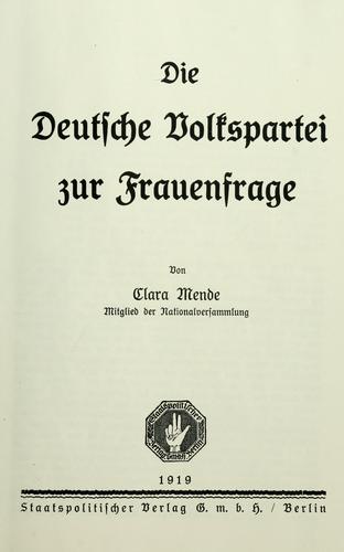 Die Deutsche Volkspartei zur Frauenfrage by Clara Mende cover