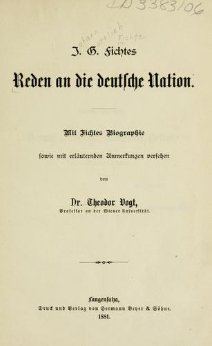 J. G. Fichtes Reden an die deutsche Nation by Johann Gottlieb Fichte cover