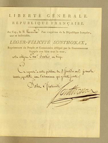Liberté générale. Republique française. Au Cap, le [  ] l'an cinquième de la République française, une et indivisible. Léger-Félicité Sonthonax, représentant du peuple et commissaire délegué par le gouvernement français aux Isles Sous le Vent, .. by Léger Félicité Sonthonax cover