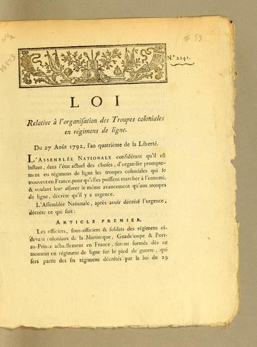 Loi relative à l'organisation des troupes coloniales en régimens de ligne by France cover