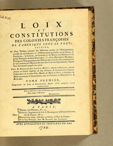 Loix et constitutions des colonies françoises de l'Amérique sous le vent by France cover