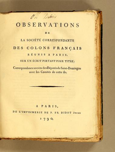 Observations de la Société correspondante des colons-français réunis a Paris, sur un écrit portant pour titre by Société des colons-français cover
