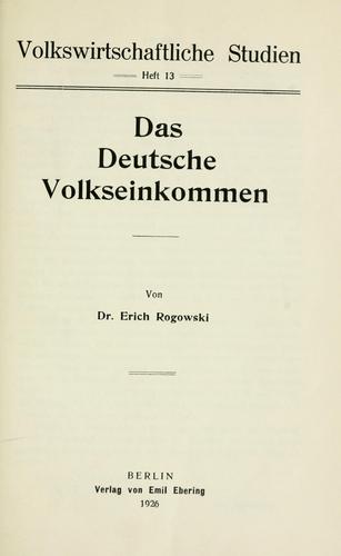 Das deutsche Volkseinkommen by Erich Rogowski cover