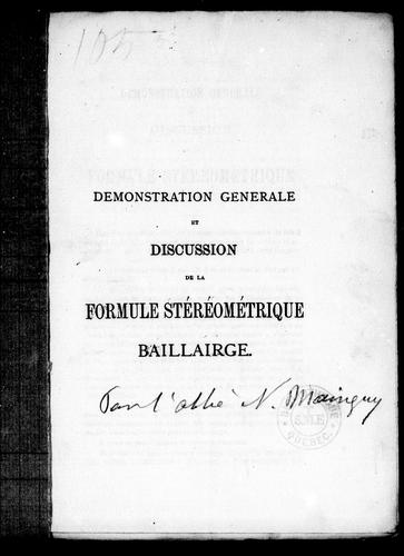 Démonstration générale et discussion de la formule stéréométrique Baillairgé
