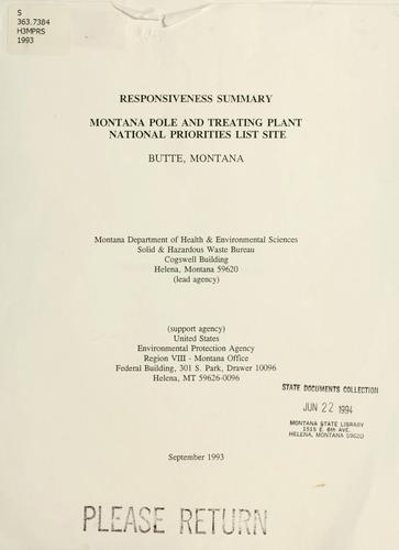 Montana Pole and Treating Plant national priorities list site, Butte Montana by United States. Environmental Protection Agency. Montana Office cover