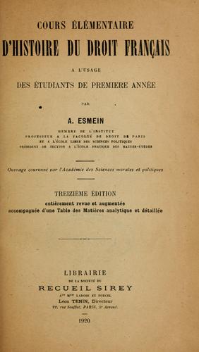 Cours élémentaire d'histoire du droit français à l'usage des étudiants de première année by A. Esmein cover