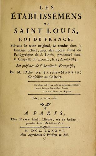 Les établissemens de Saint Louis, roi de France by France cover